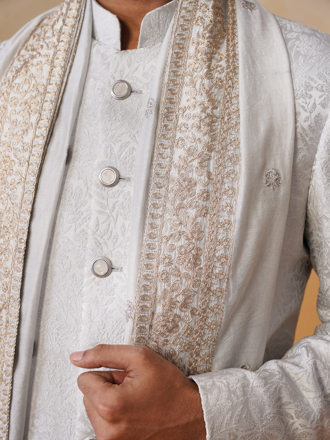 Grey Embroidered Mandarin Collar Achkan