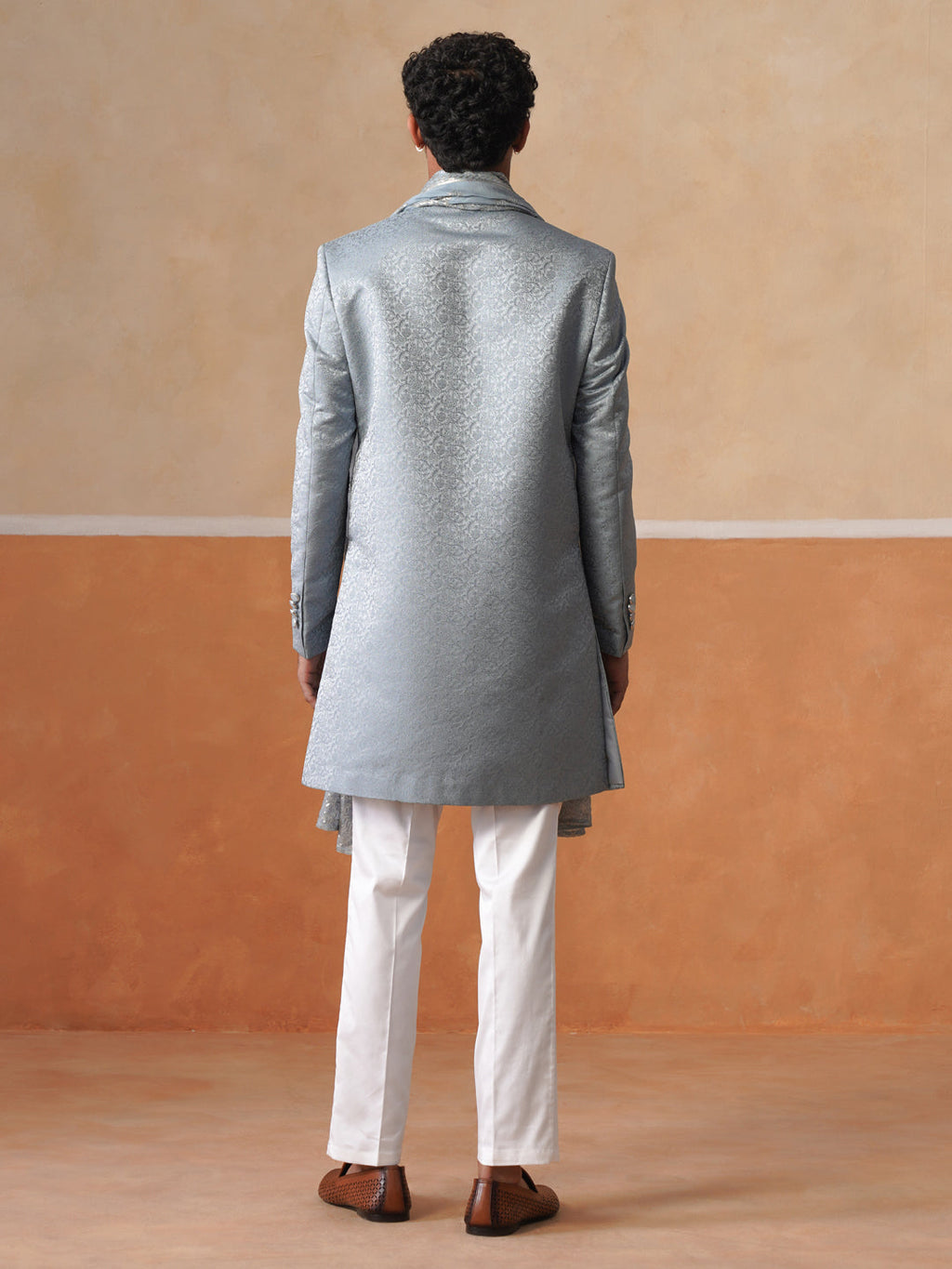 Elegant Silver Mandarin Collar Achkan