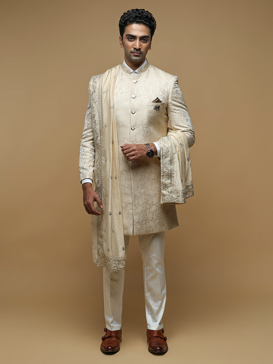 Elegant Cream Mandarin Collar Achkan