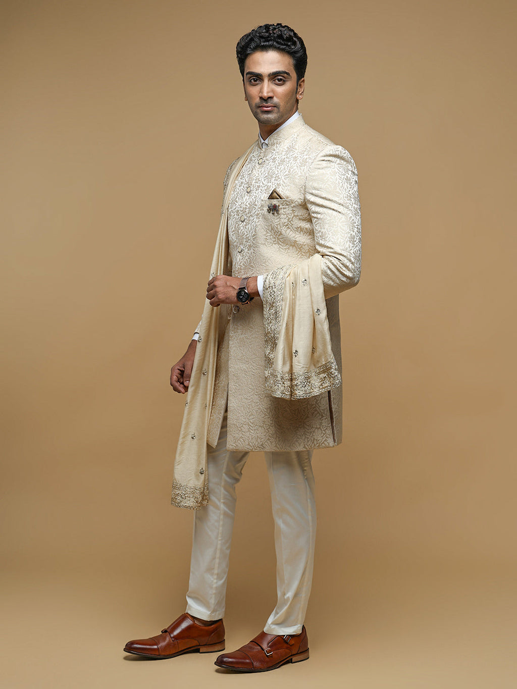 Elegant Cream Mandarin Collar Achkan
