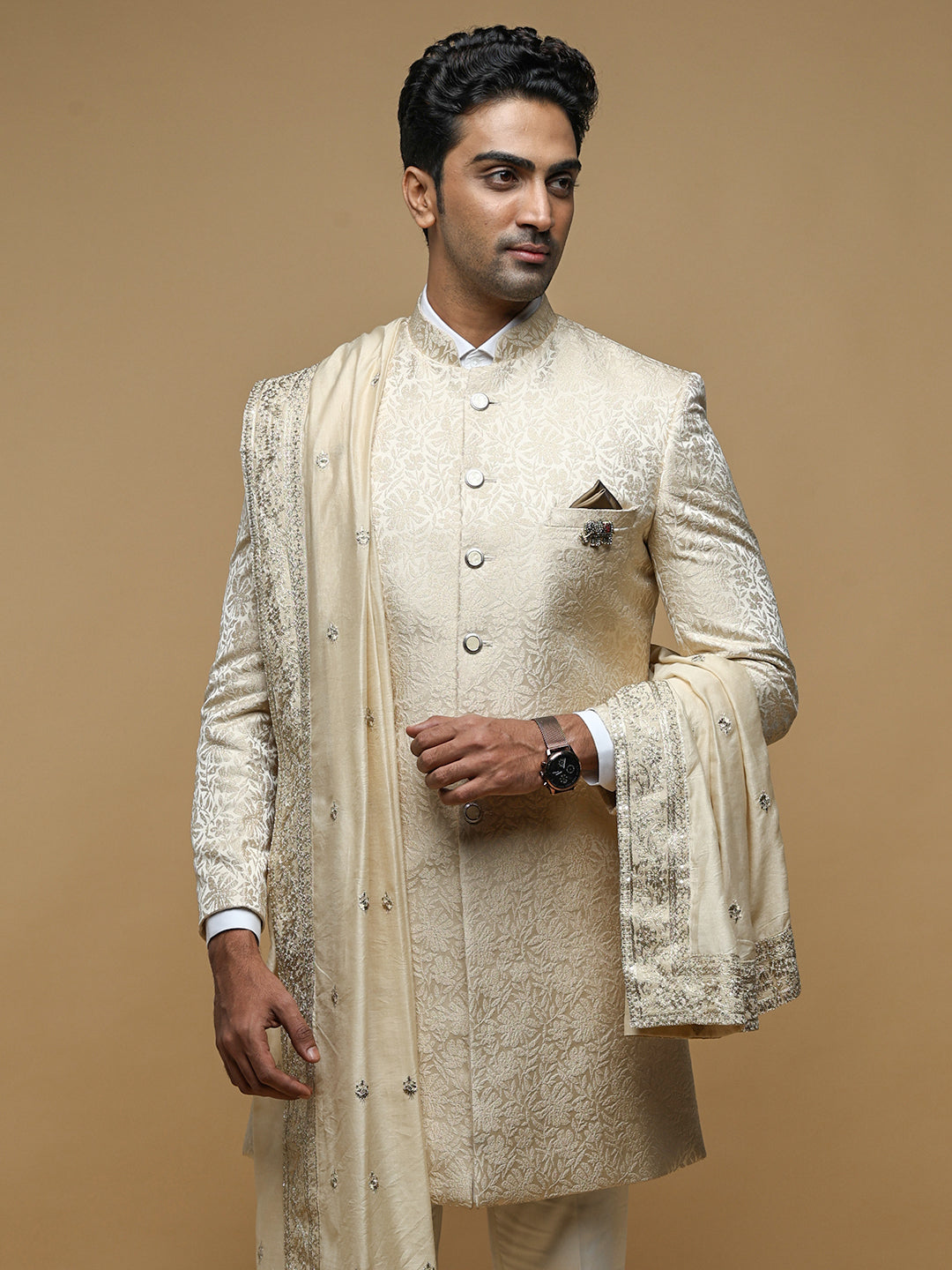 Elegant Cream Mandarin Collar Achkan