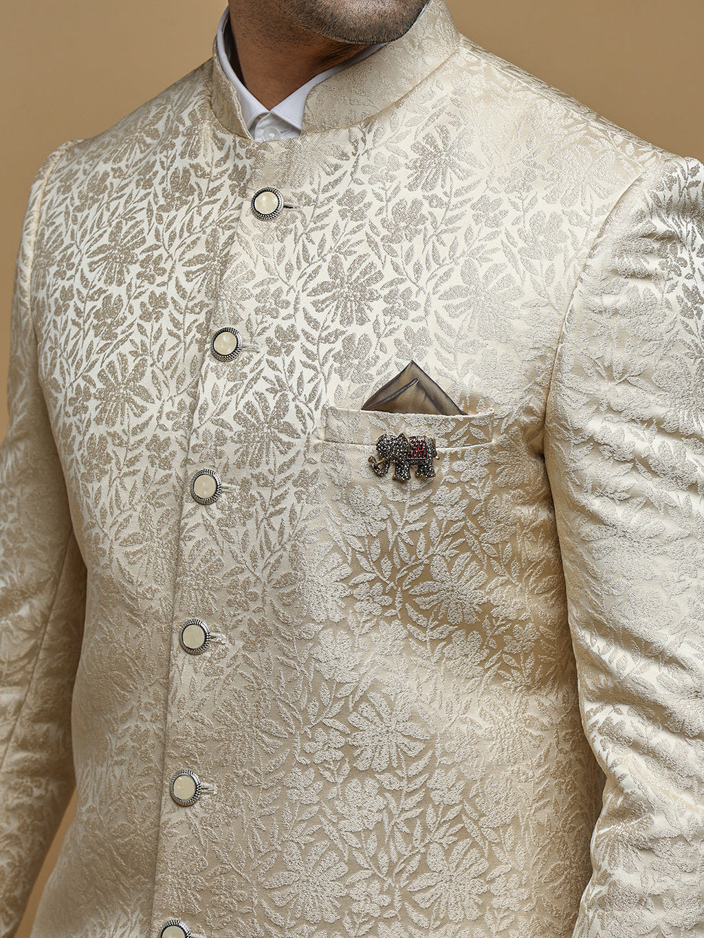 Elegant Cream Mandarin Collar Achkan