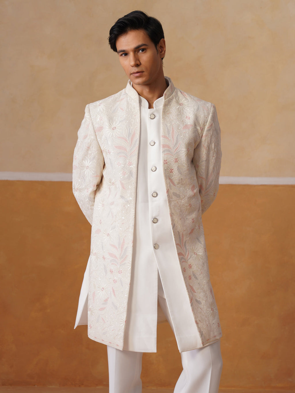 Cream Embroidered Mandarin Collar Achkan