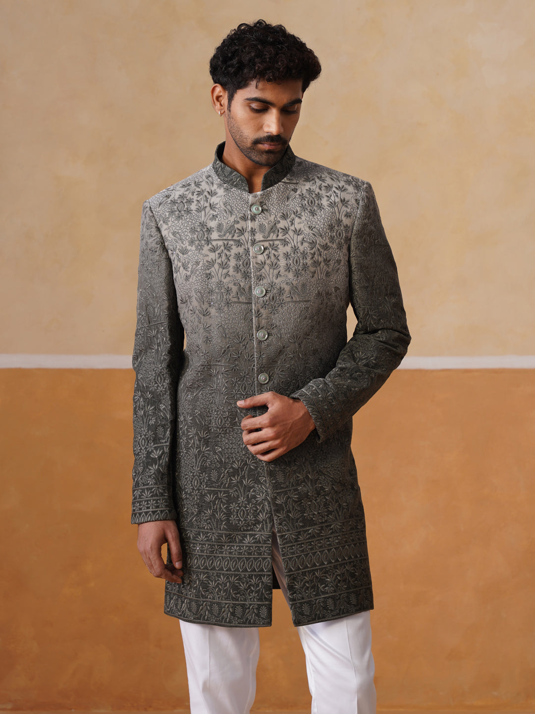 Grey Floral Embroidered Mandarin Collar Achkan