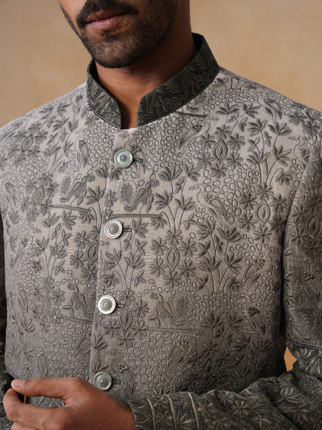 Grey Floral Embroidered Mandarin Collar Achkan