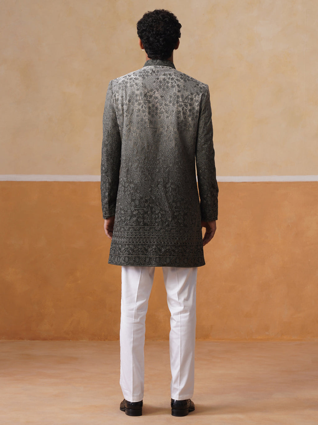 Grey Floral Embroidered Mandarin Collar Achkan