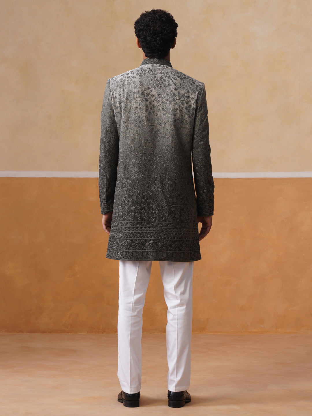 Grey Floral Embroidered Mandarin Collar Achkan