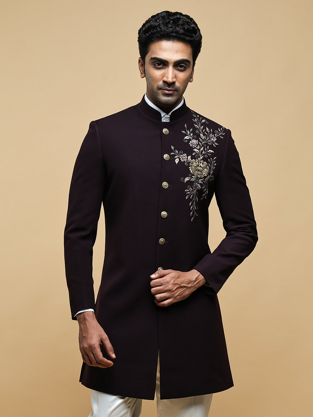Maroon Embroidered Mandarin Collar Achkan
