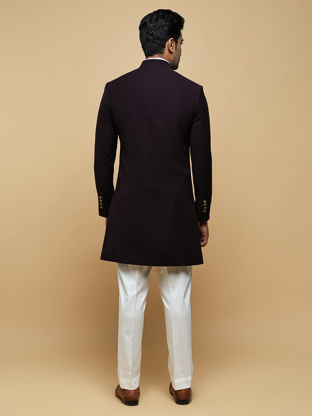 Maroon Embroidered Mandarin Collar Achkan