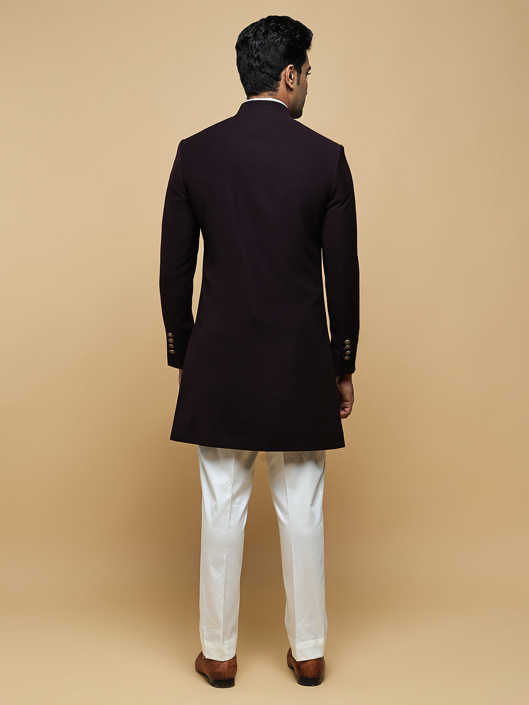 Maroon Embroidered Mandarin Collar Achkan