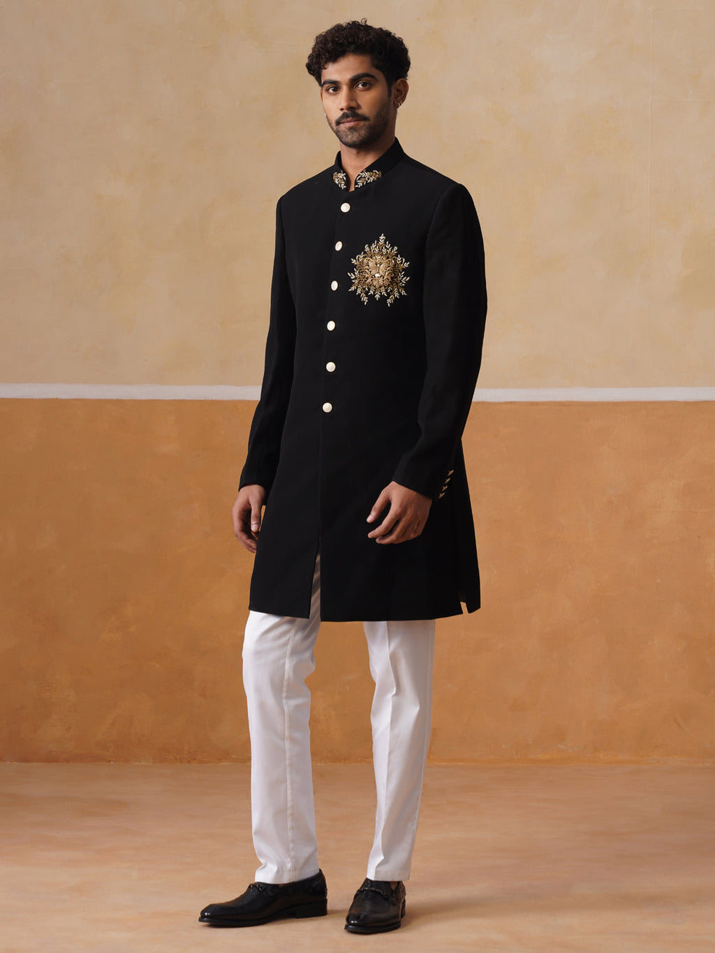 Black Embroidered Mandarin Collar Achkan