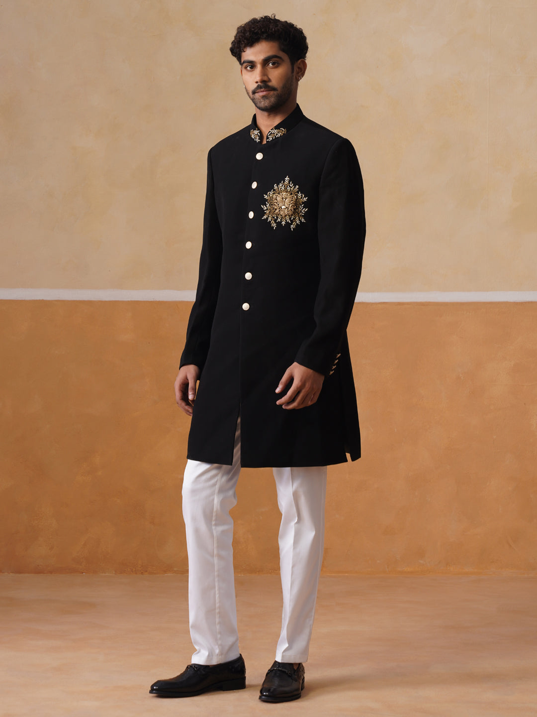 Black Embroidered Mandarin Collar Achkan