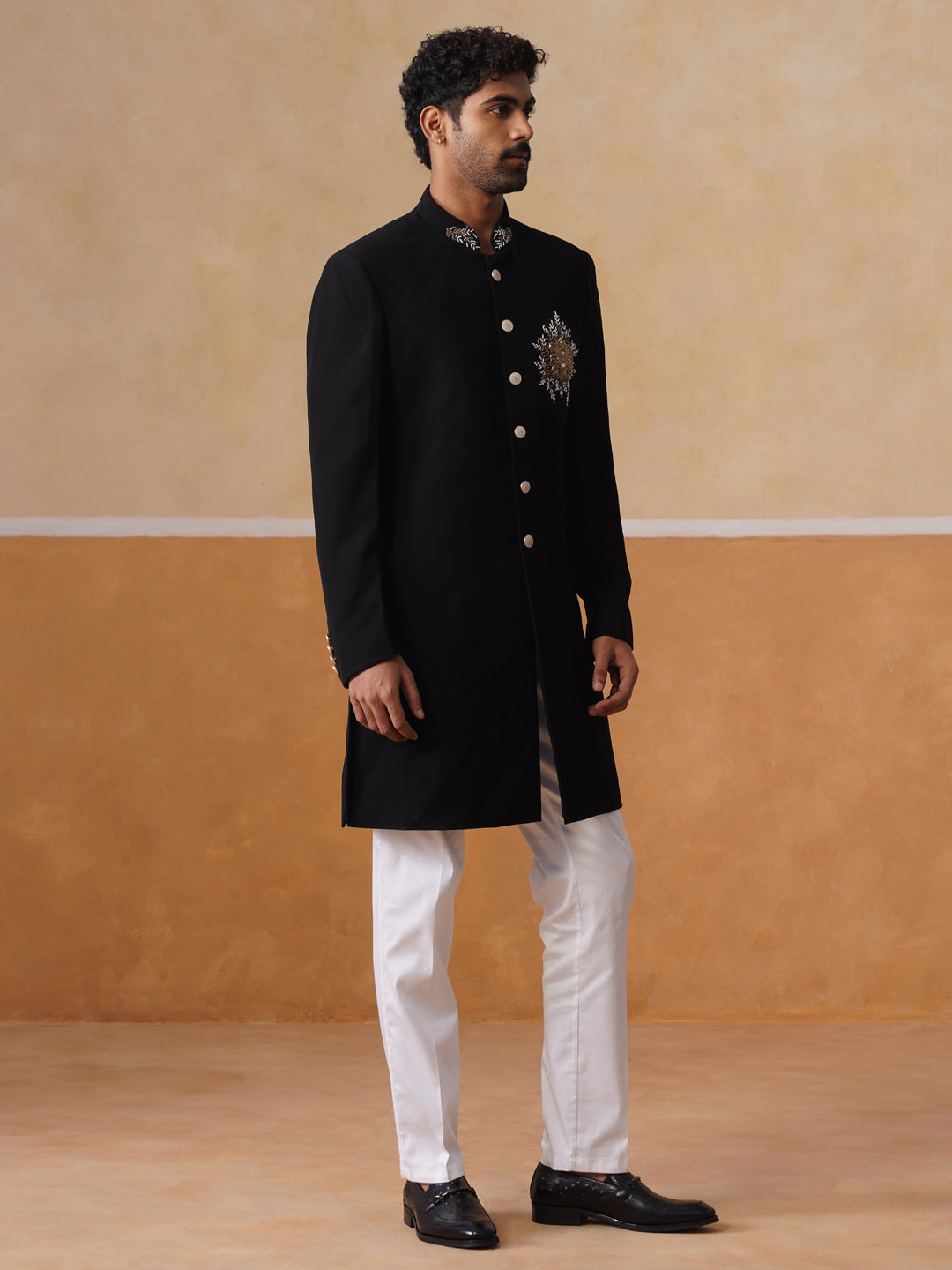 Black Embroidered Mandarin Collar Achkan