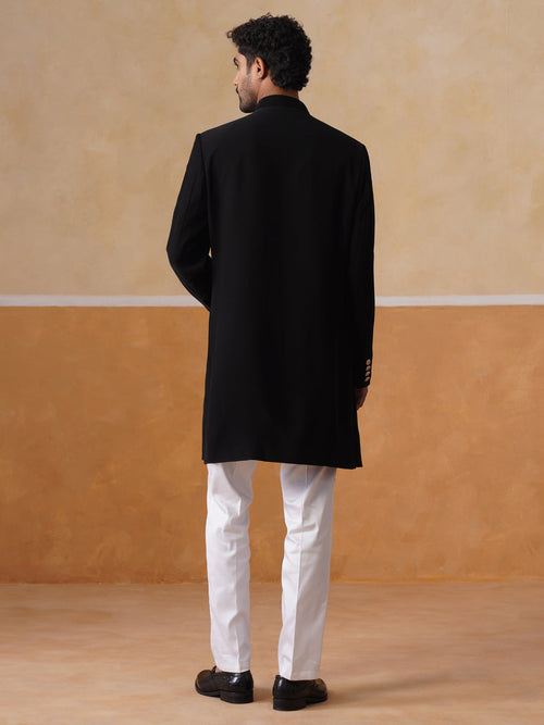 Black Embroidered Mandarin Collar Achkan