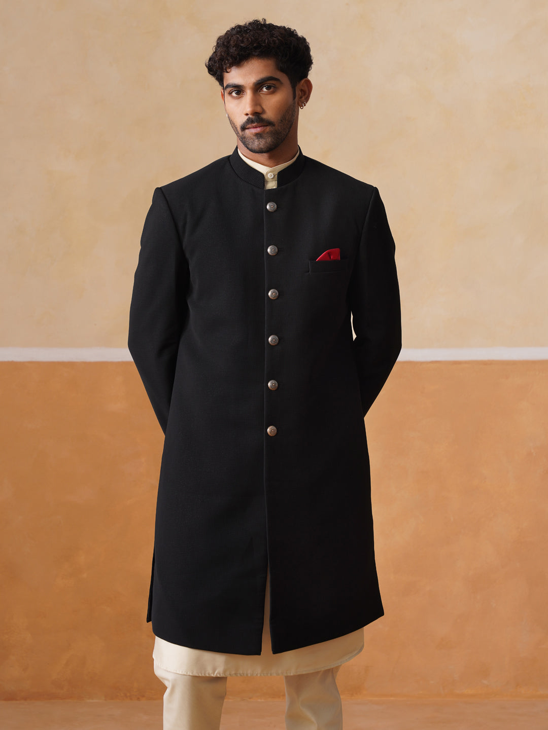 Textured Black Achkan