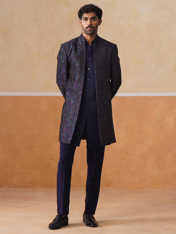 Blue Embroidered Mandarin Collar Achkan