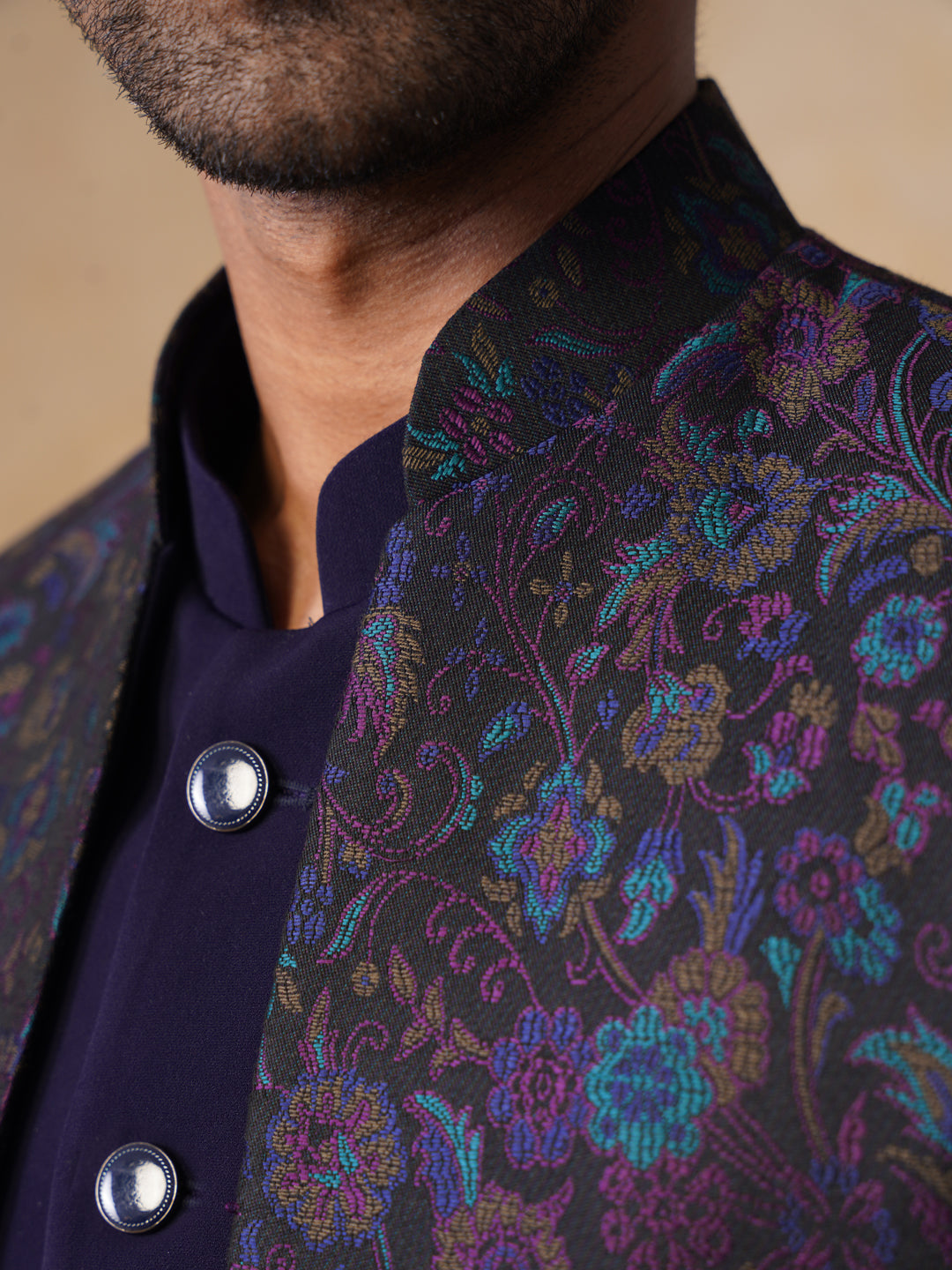 Blue Embroidered Mandarin Collar Achkan