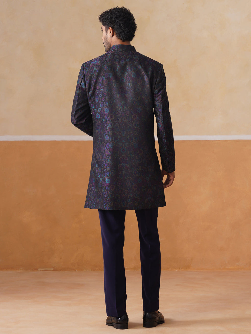 Blue Embroidered Mandarin Collar Achkan