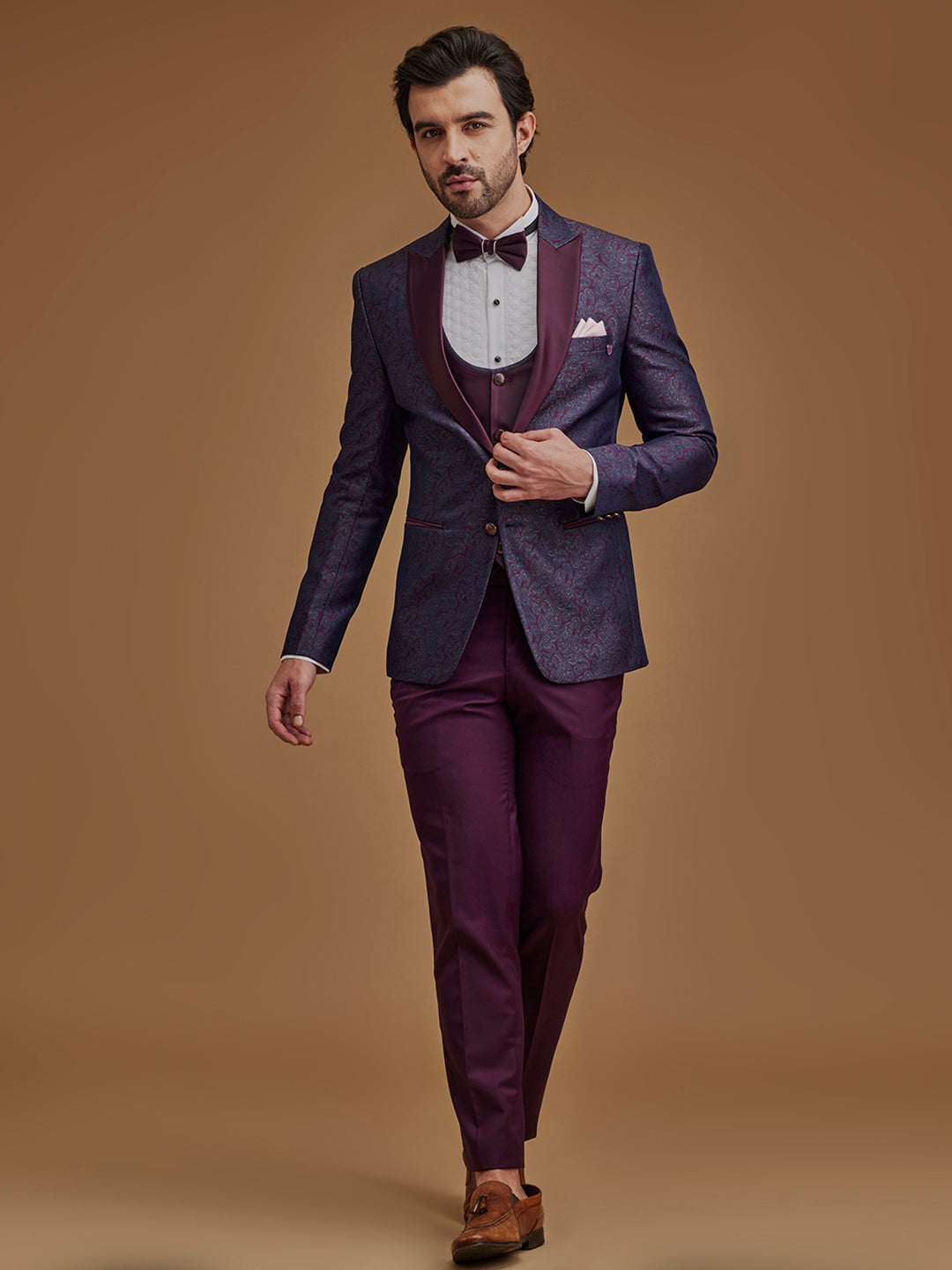 Single Breasted Paisley Wine Five Piece Suit