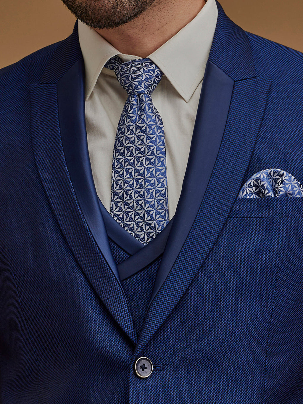 Single Breasted Textured Blue Five Piece Suit