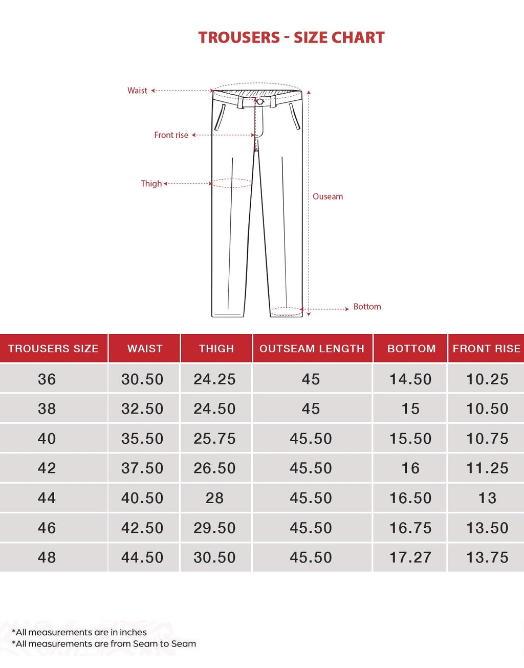 Trousers size chart