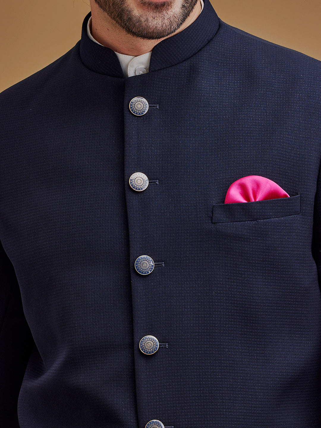 Textured Navy Blue Achkan 