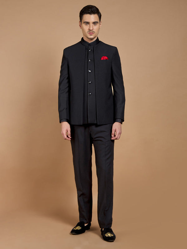 Black Textured Indo Western 3-Piece Bandhgala