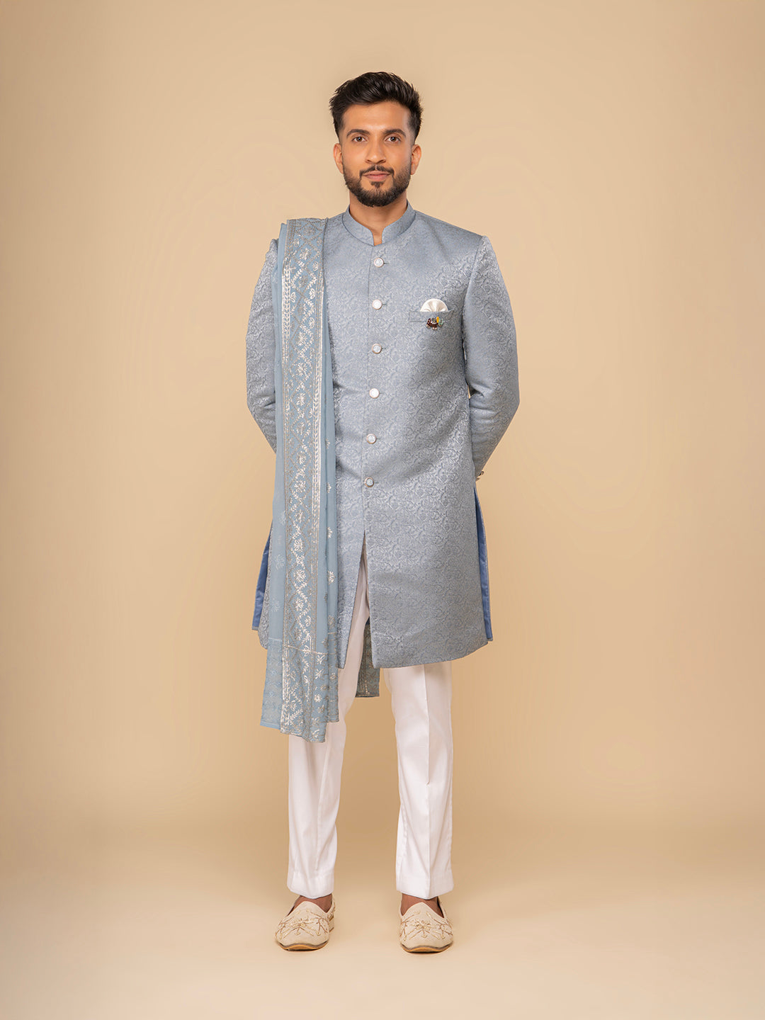 Sea Blue Mandarin Collar Achkan
