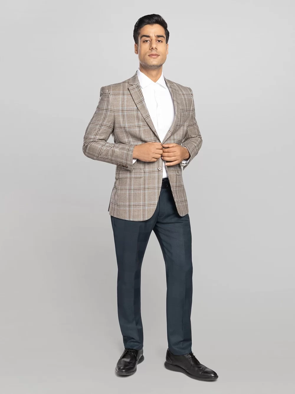 P N RAO Men's Checkered Jacket with Notch Lapel - Beige