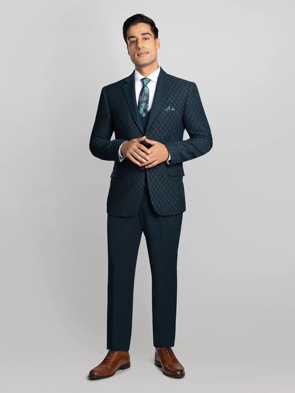 5 piece Textured Tuxedo Suit - Teal Blue
