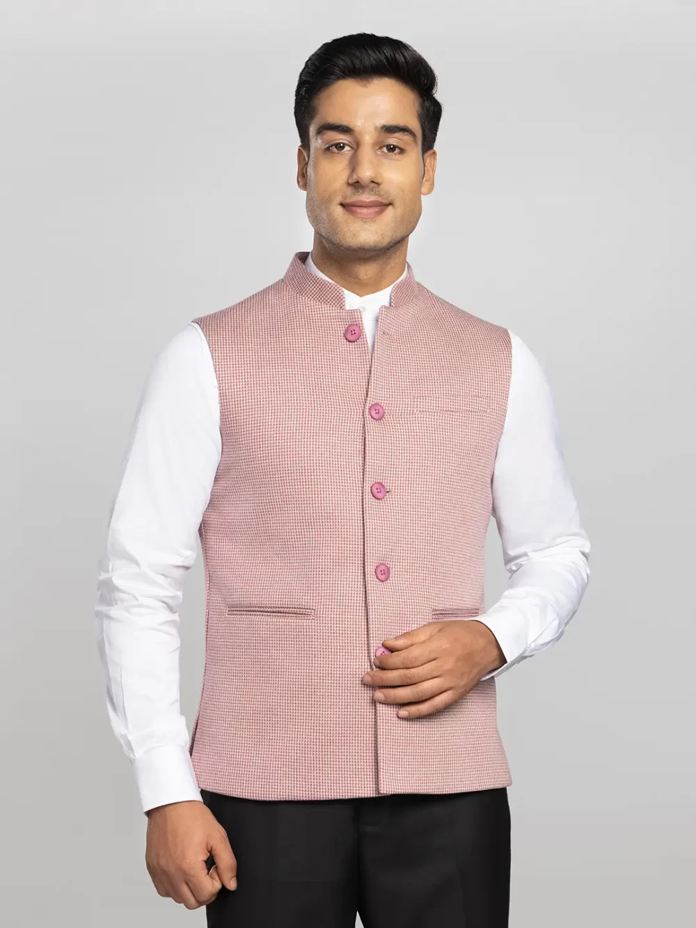 Slim Fit Textured Nehru Men's Bundi Jacket - Light Pink